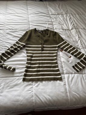 Olive Green & White Striped Women's Henley Knit Top
